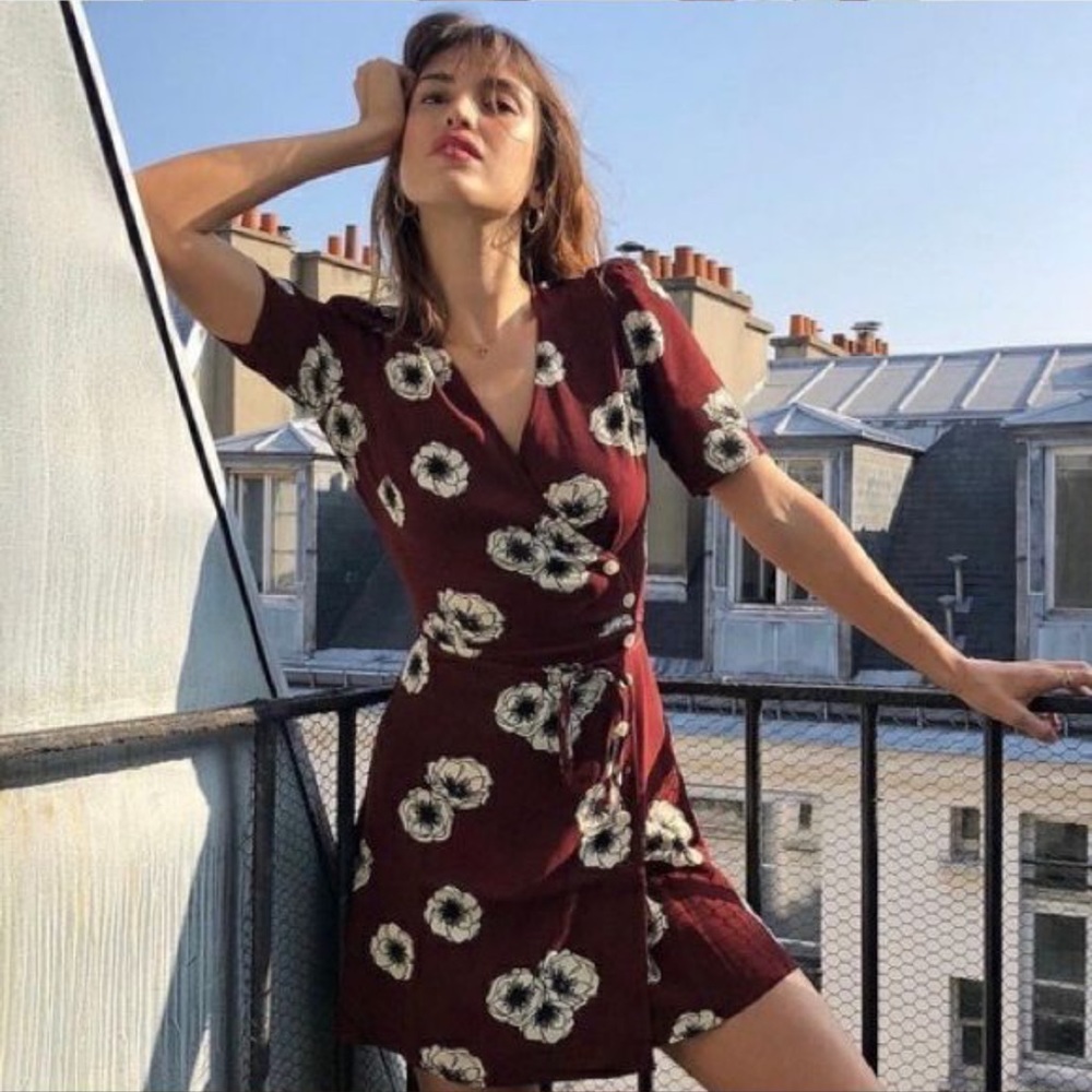 Rouje Gabinette Wrap Dress Burgundy Floral 36